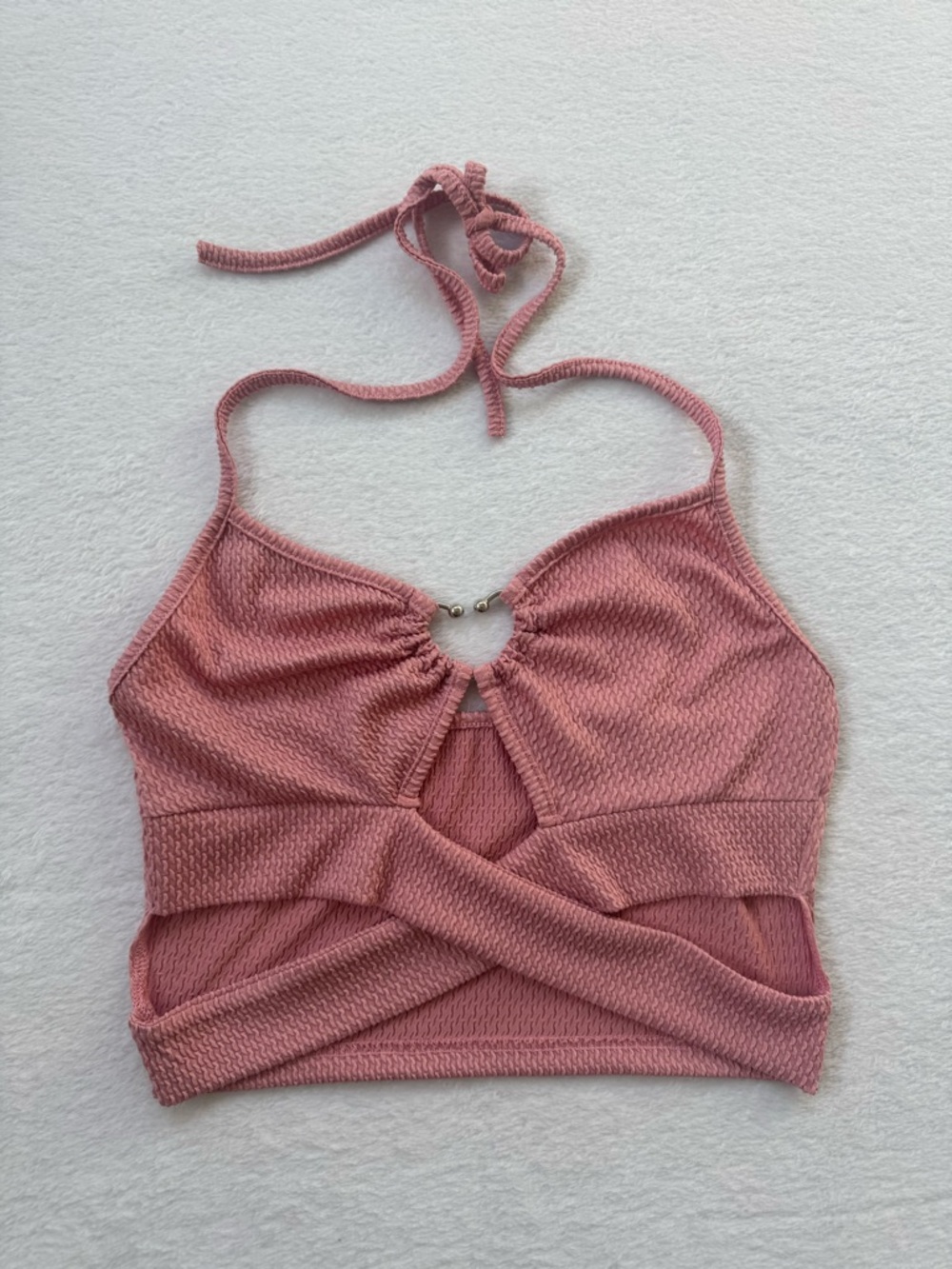 Pink Textured Halter Crop Top with Heart Cutout